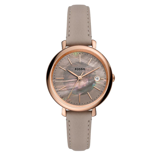 Fossil Jacqueline ES5091 ladies watch with rose gold case and taupe leather strap