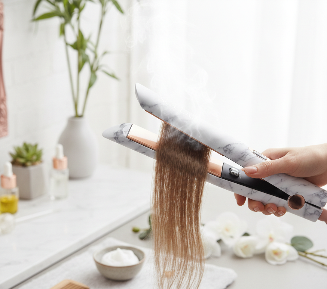 Velvet Sanctuary Infrared Flat Iron showing digital temperature control and sleek plates