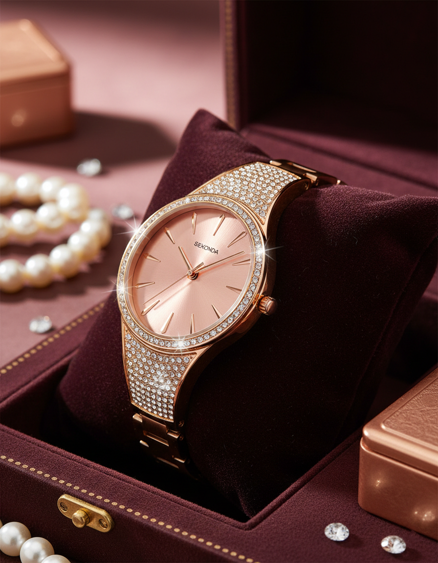 Sekonda 40419 Ladies Lustre watch in rose gold with heavy crystal embellishment