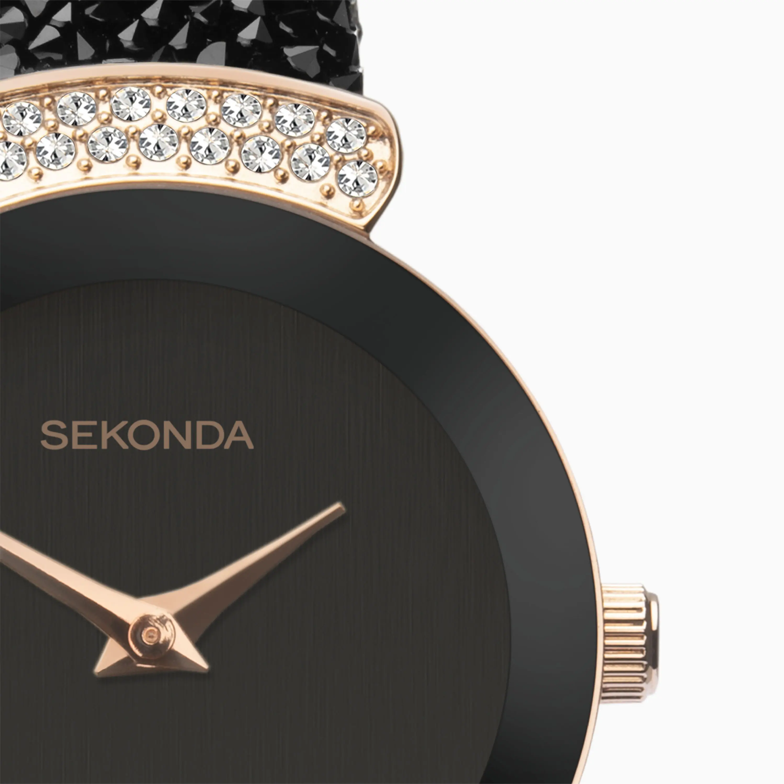 Sekonda 40425 ladies watch with black crystal rock texture strap and rose gold case