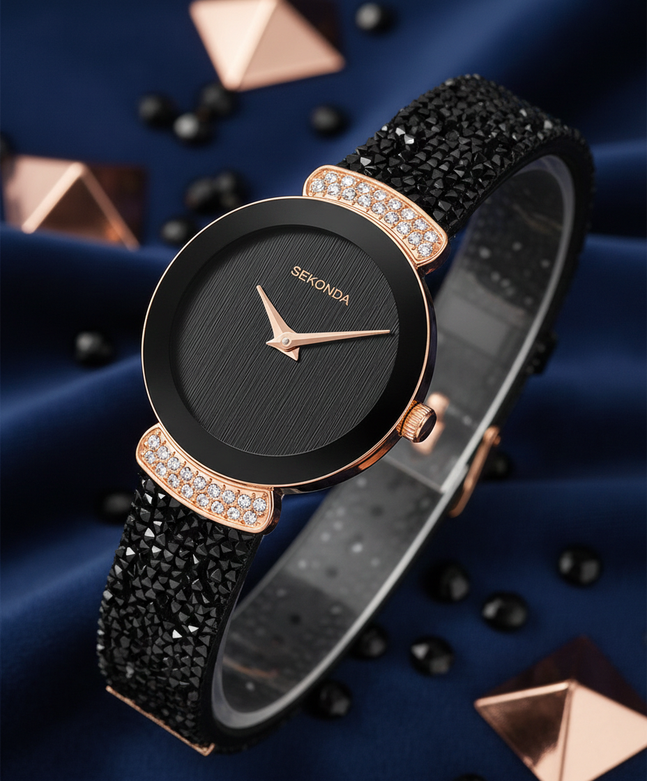Sekonda 40425 ladies watch with black crystal rock texture strap and rose gold case