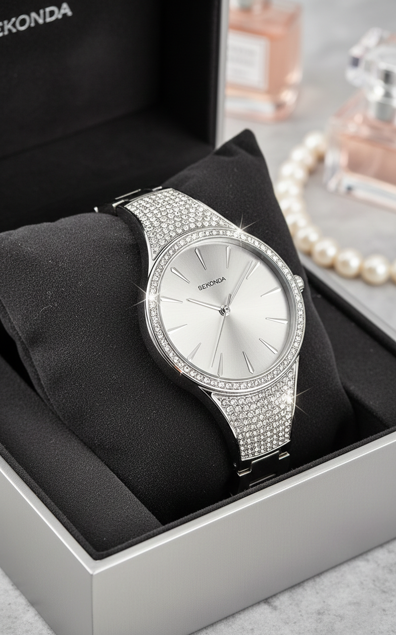 Sekonda Lustre ladies silver watch with shimmering stone-set bracelet and 33mm dial