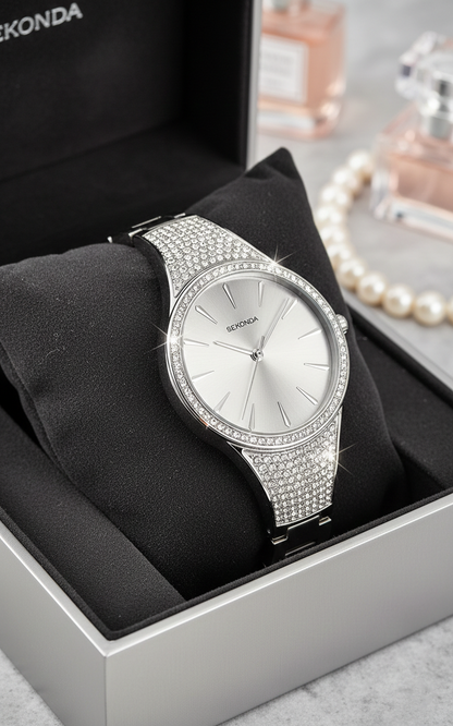 Sekonda Lustre ladies silver watch with shimmering stone-set bracelet and 33mm dial