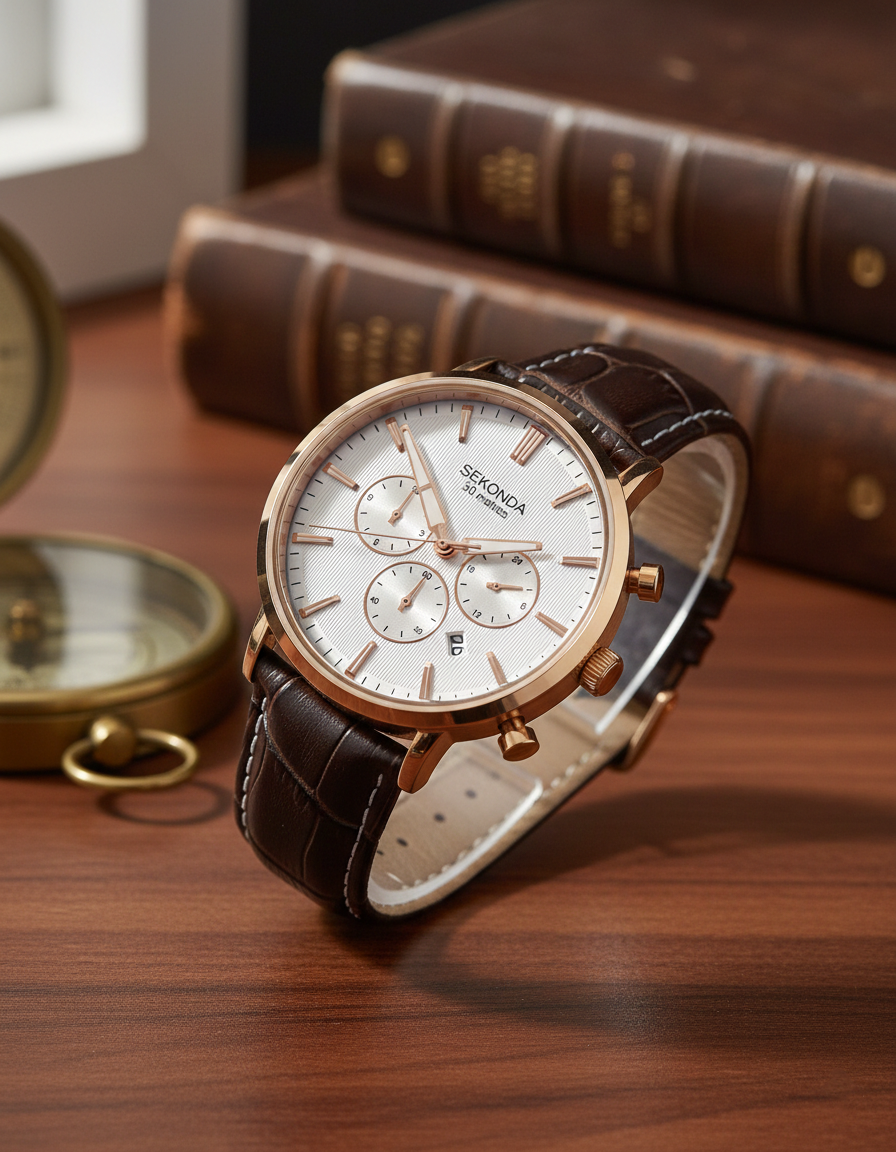 Sekonda 1668 watch with Rose Gold case and Brown croc-effect leather strap