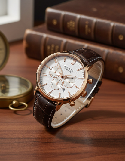 Sekonda 1668 watch with Rose Gold case and Brown croc-effect leather strap