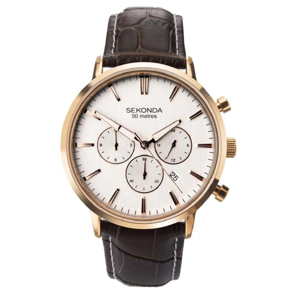 Sekonda 1668 watch with Rose Gold case and Brown croc-effect leather strap