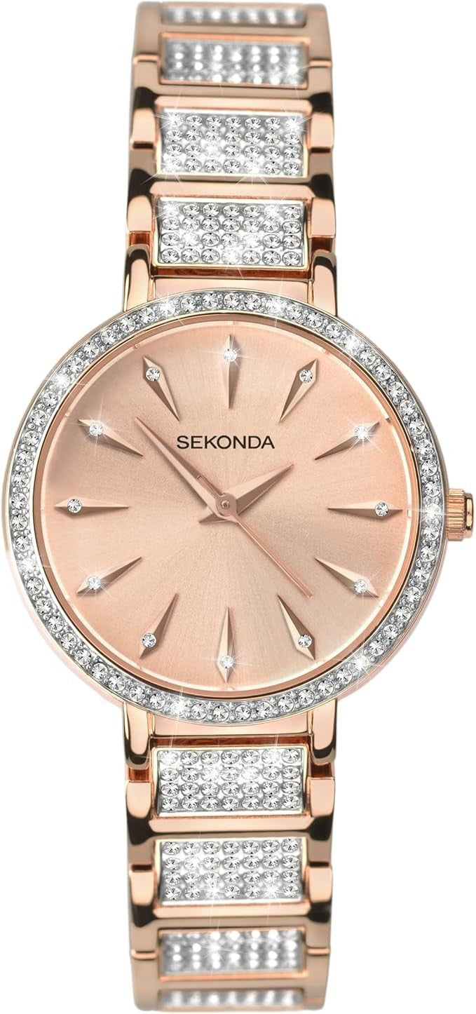 Sekonda 40407 Ladies 31mm Rose Gold Stone Set Analogue Watch with Two Tone Jewelled Bracelet